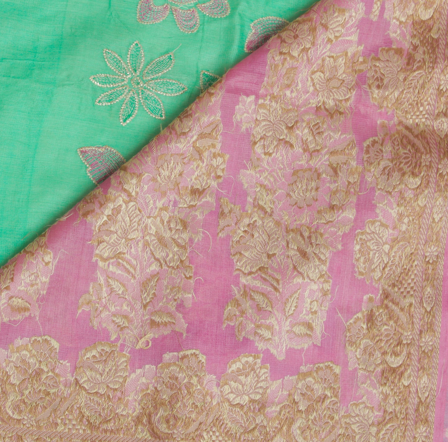 Sushila Vintage Green Saree Pure Silk Woven & Embroidered Floral Sari Fabric