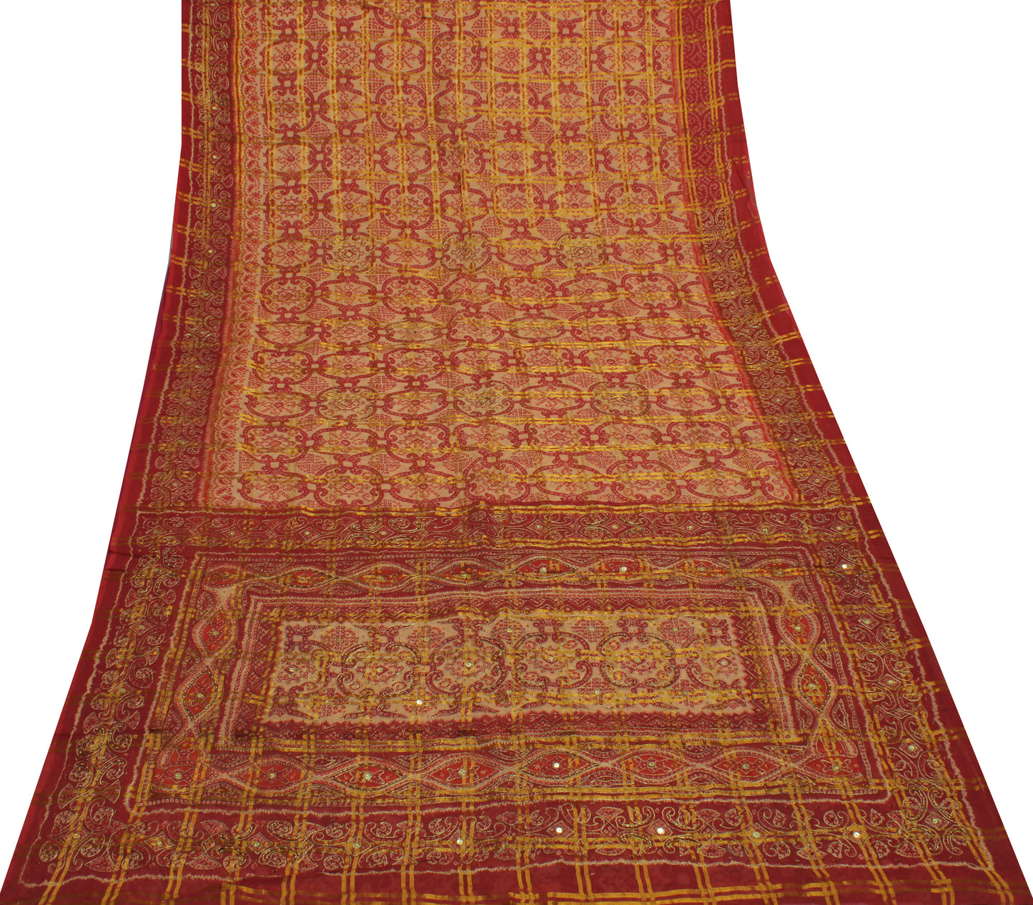 Sushila Vintage Red Saree Pure Georgette Silk Bandhani Printed Sari Craft Fabric