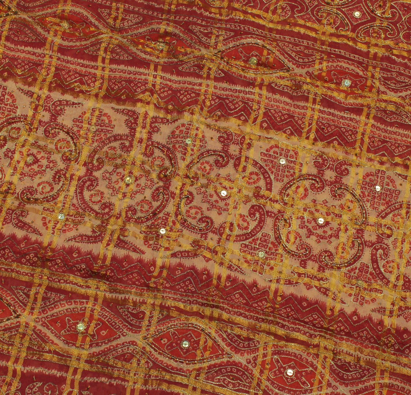 Sushila Vintage Red Saree Pure Georgette Silk Bandhani Printed Sari Craft Fabric