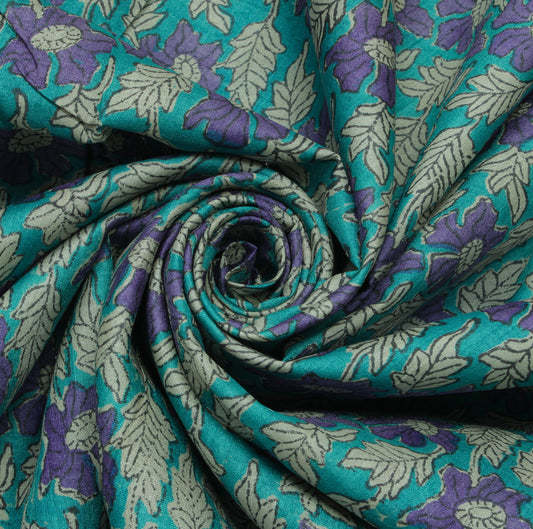 Sushila Vintage Blue Indian Saree 100% Pure Silk Printed Floral Sari Fabric