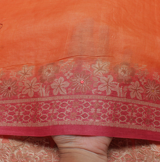 Sushila Vintage Orange Saree Pure Silk Woven & Embroidered Floral Sari Fabric