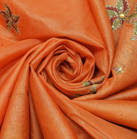 Sushila Vintage Orange Saree Pure Silk Hand Beaded & Woven Floral Sari Fabric