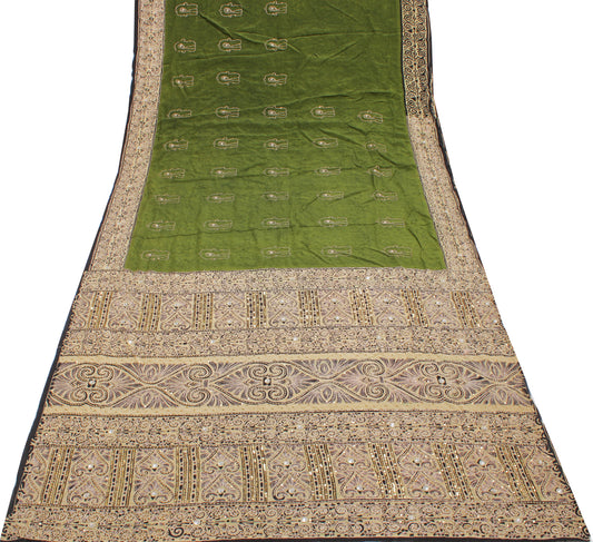 Sushila Vintage Green Saree Pure Crepe Silk Printed Paisley Sari Craft Fabric