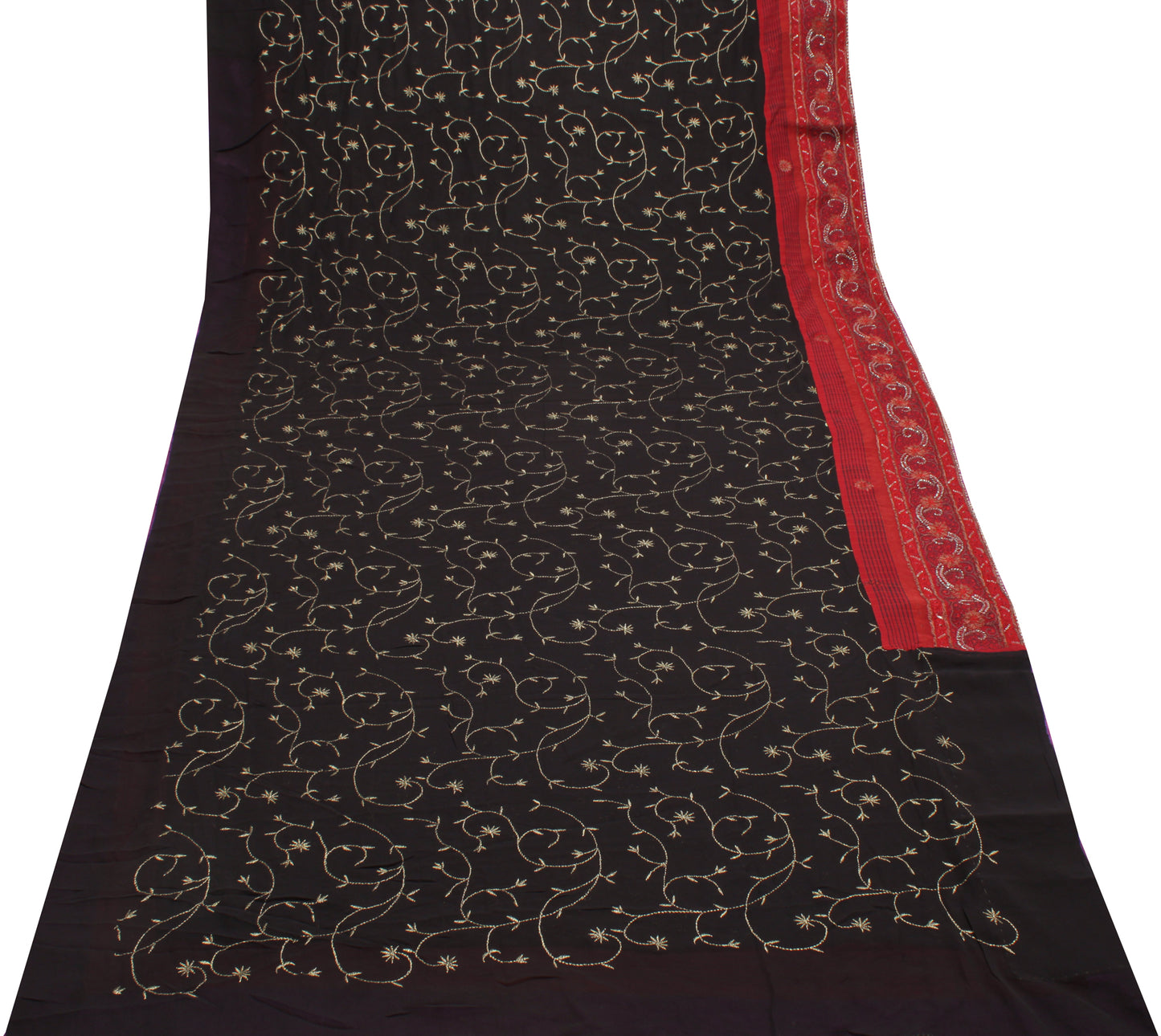 Sushila Vintage Black Saree Pure Georgette Silk Embroidered Floral Sari Fabric