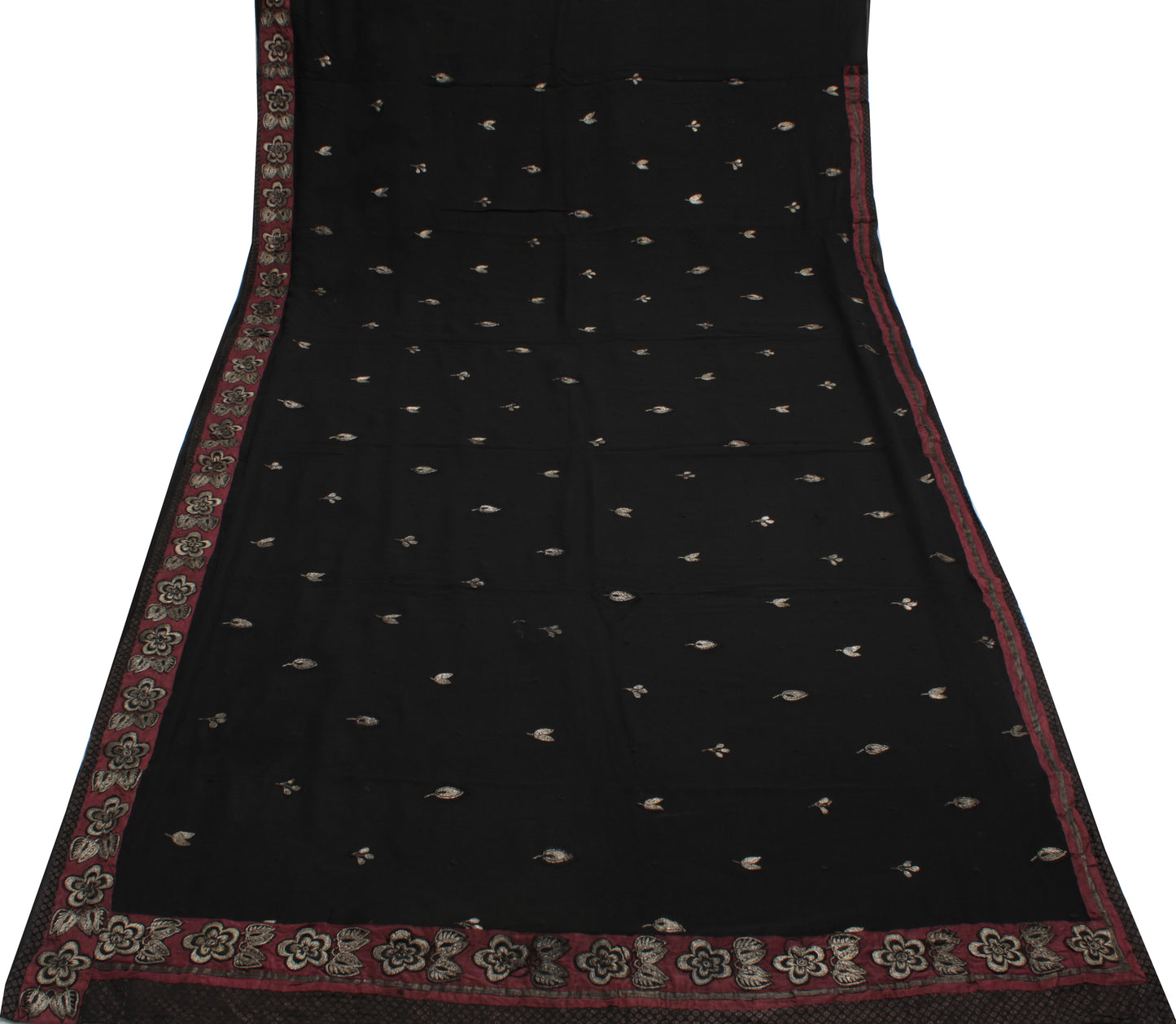 Sushila Vintage Black Saree Pure Georgette Silk Embroidered Floral Sari Fabric