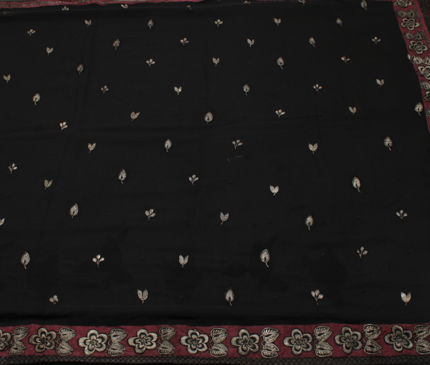 Sushila Vintage Black Saree Pure Georgette Silk Embroidered Floral Sari Fabric