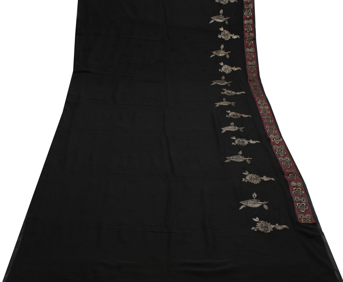 Sushila Vintage Black Saree Pure Georgette Silk Embroidered Floral Sari Fabric