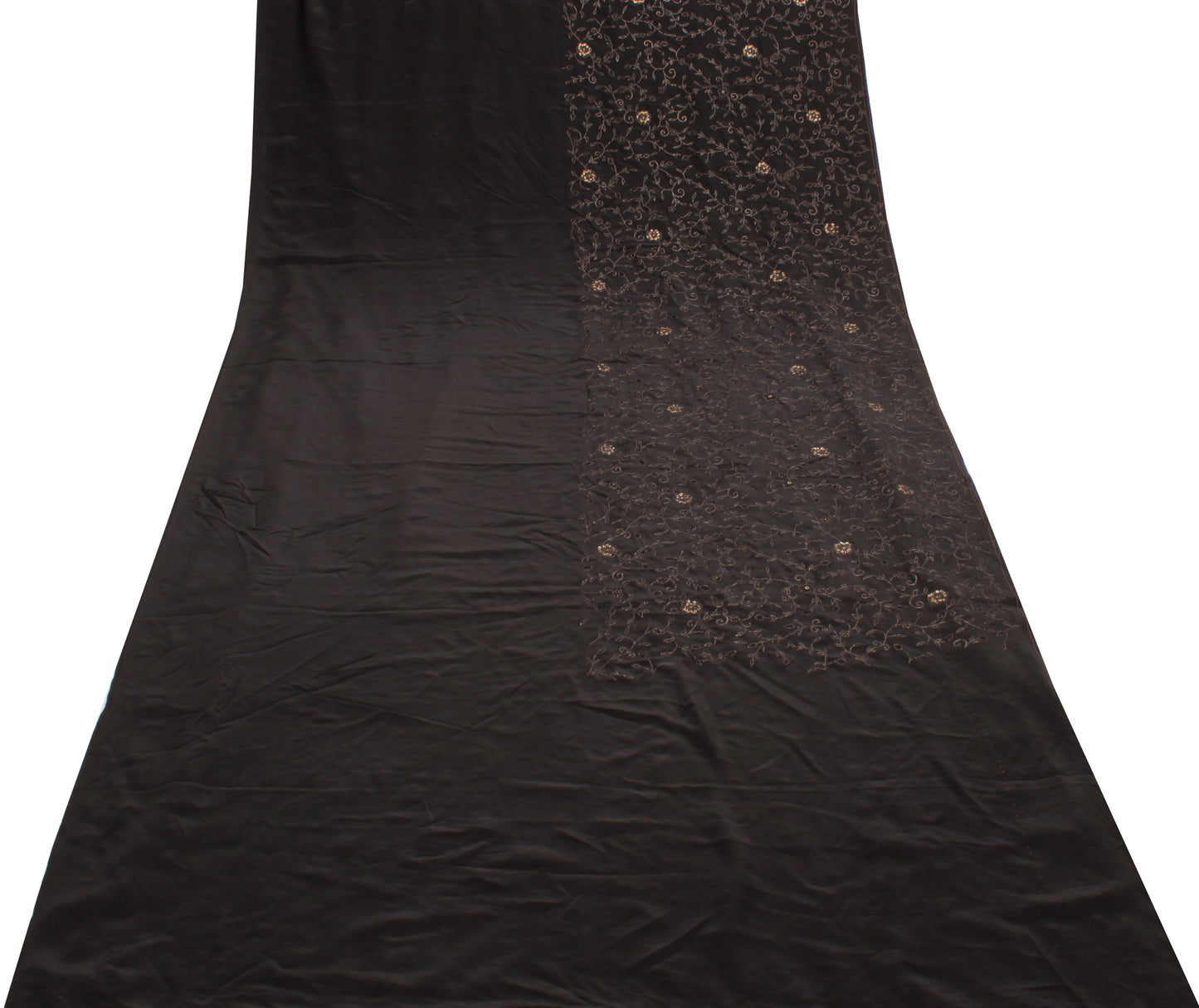 Sushila Vintage Black Saree Pure Silk Zari Embroidered Floral Sari Craft Fabric