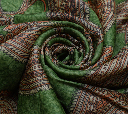 Sushila Vintage Green Saree 100% Pure Silk Printed Paisley Sari 5 Yard Fabric