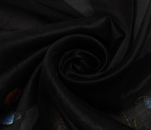 Sushila Vintage Indian Black Saree Blend Silk Floral Sari Craft Decor Fabric