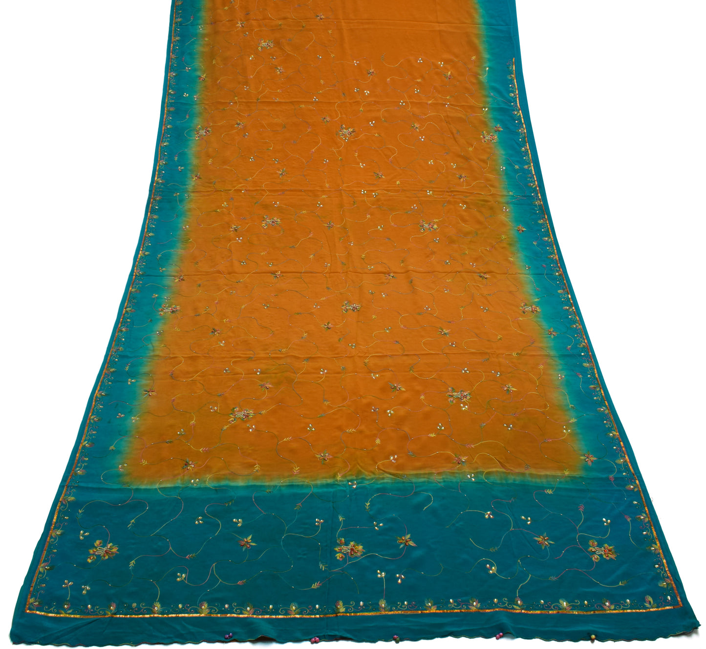 Sushila Vintage Mustard Saree Pure Crepe Silk Hand Embroidered Sari Fabric