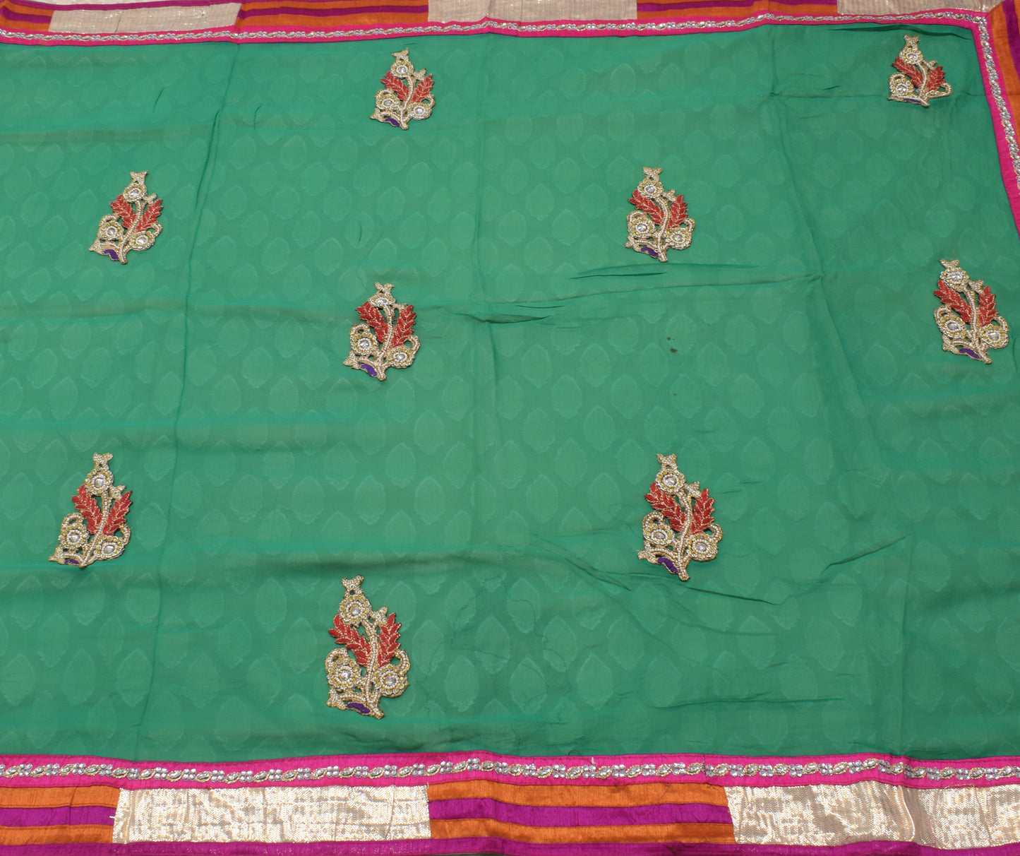 Sushila Vintage Indian Green Saree Pure Georgette Silk Sari Craft 5 Yard Fabric