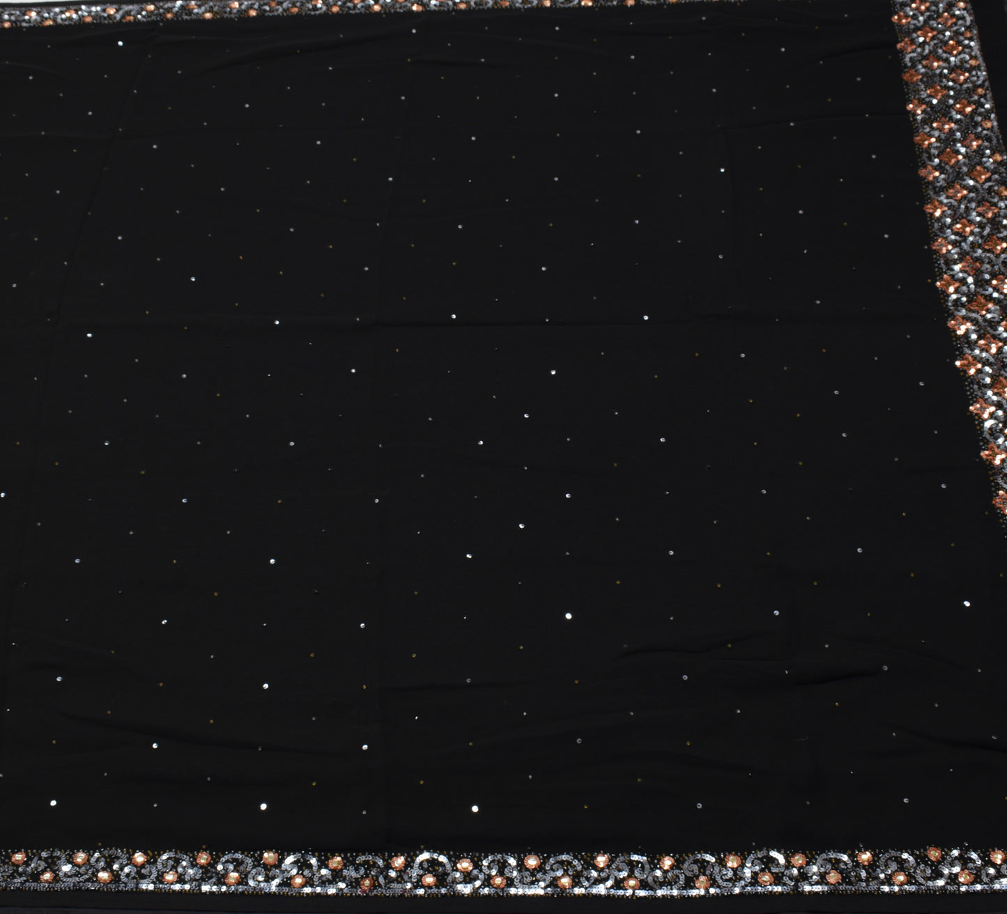 Sushila Vintage Indian Black Saree Blend Georgette Silk Hand Beaded Sari Fabric