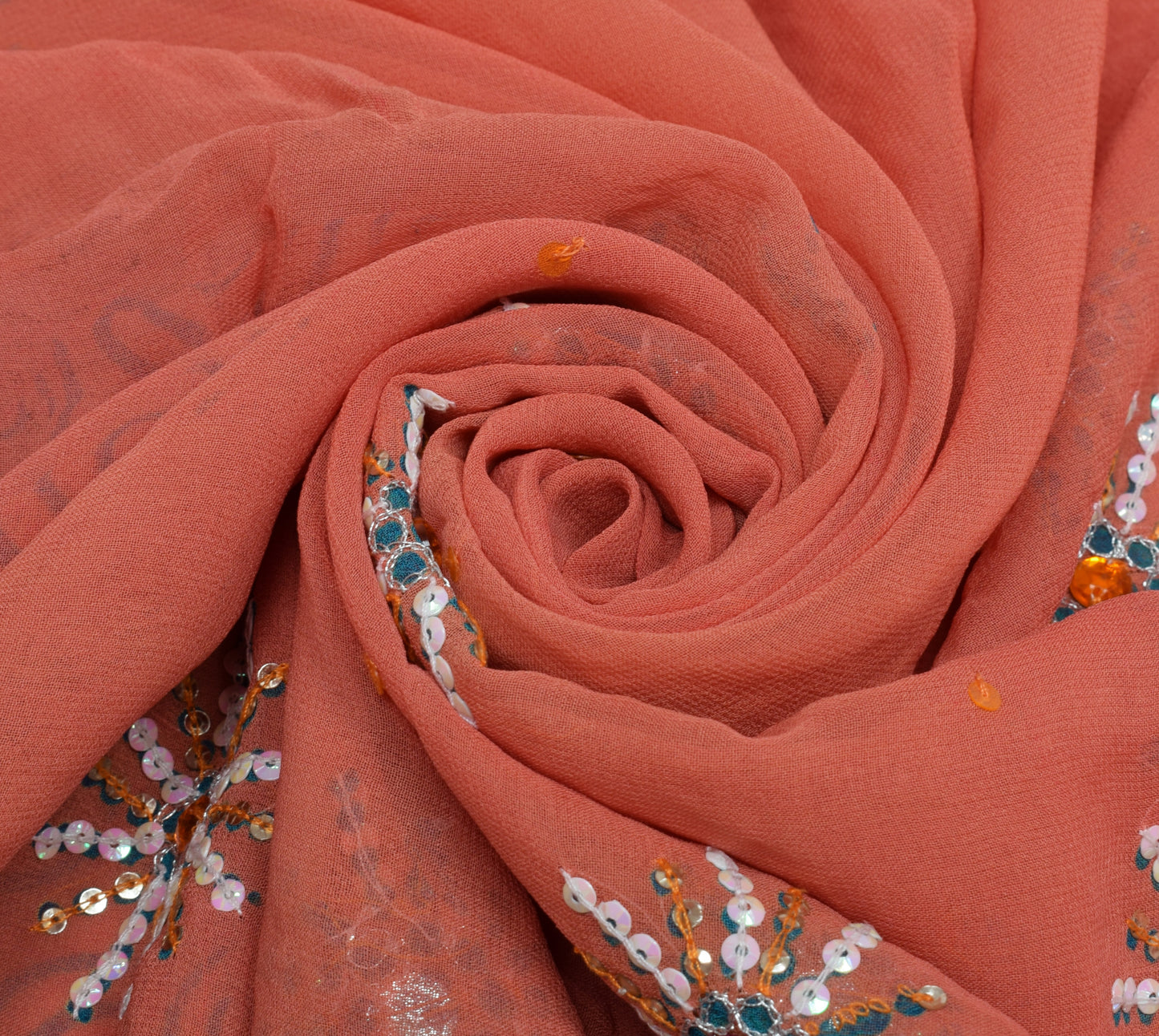 Sushila Vintage Peach Saree Pure Georgette Silk Embroidered Floral Sari Fabric