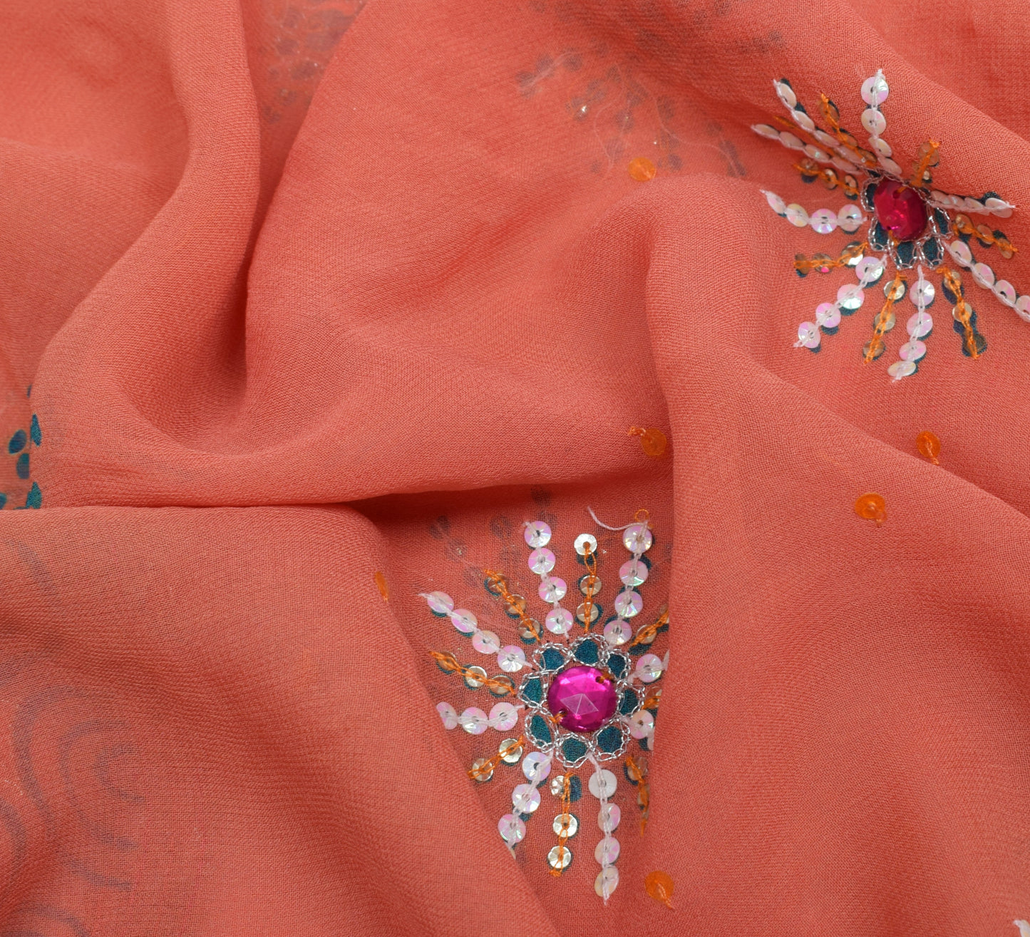 Sushila Vintage Peach Saree Pure Georgette Silk Embroidered Floral Sari Fabric