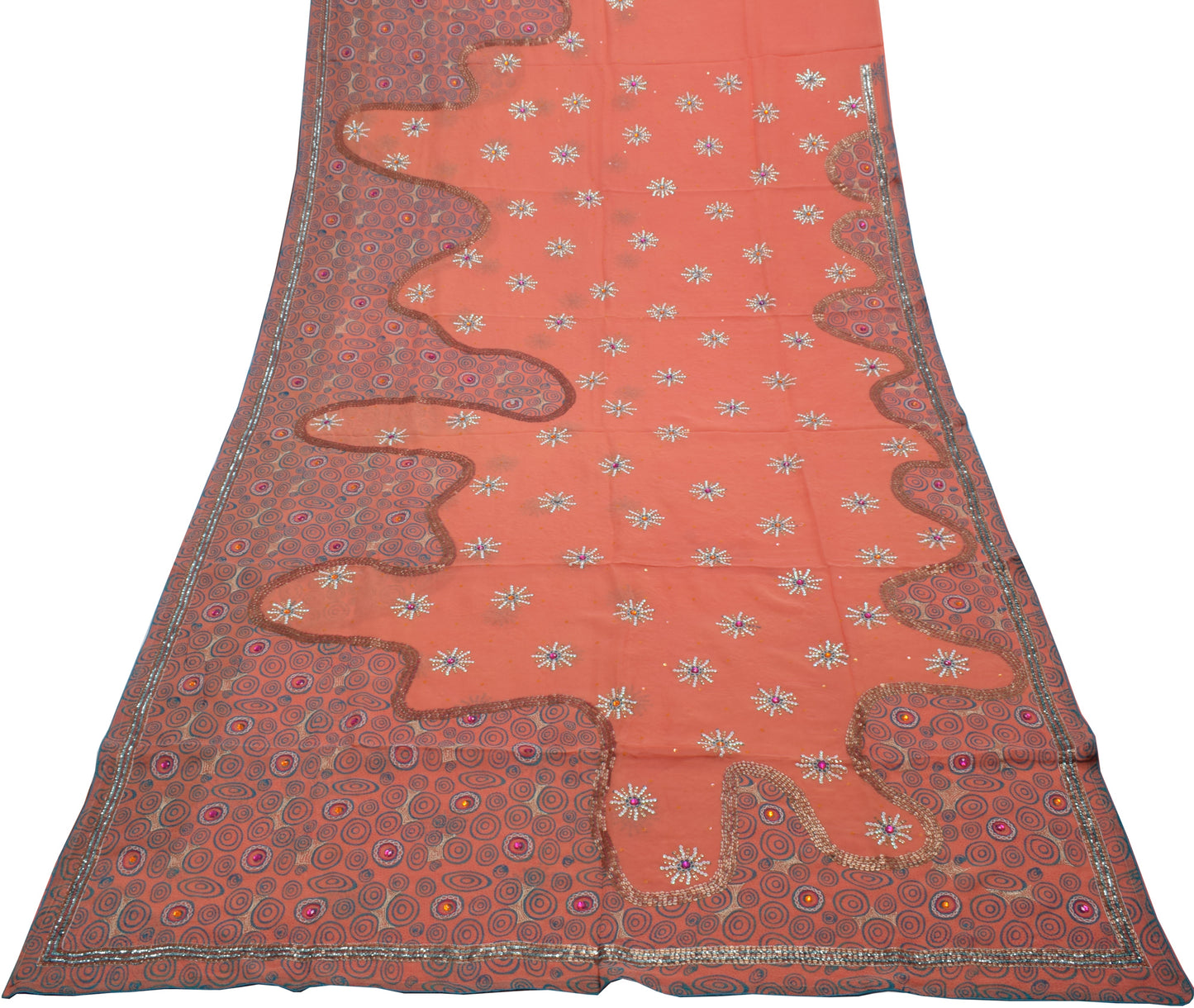 Sushila Vintage Peach Saree Pure Georgette Silk Embroidered Floral Sari Fabric