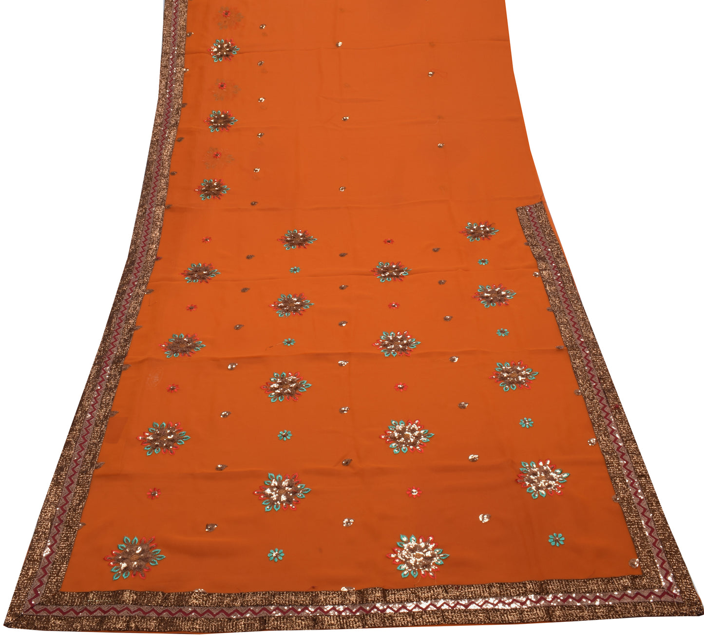 Sushila Vintage Rust Saree Blend Georgette Silk Embroidered Floral Sari Fabric