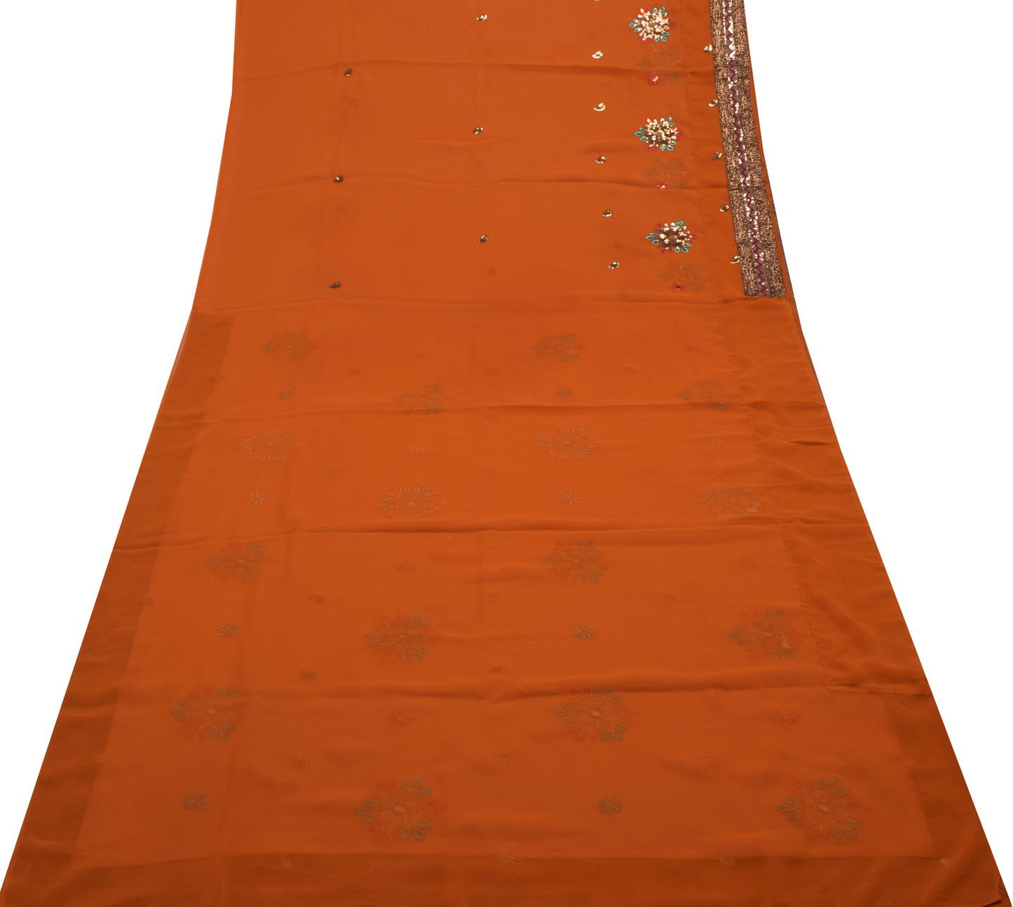 Sushila Vintage Rust Saree Blend Georgette Silk Embroidered Floral Sari Fabric