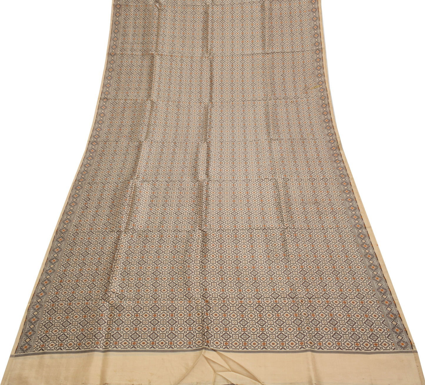 Sushila Vintage Indian Cream Saree Pure Silk All Over Woven Sari Craft Fabric