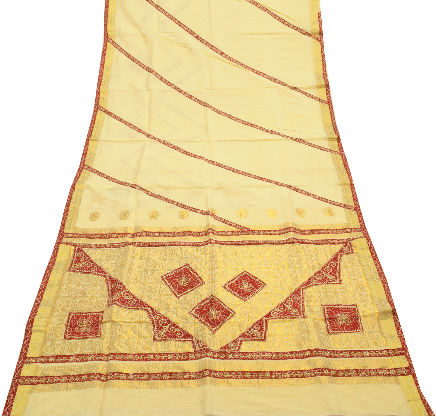 Sushila Vintage Indian Cream Saree Blend Silk Woven Sari Craft 5 Yard Fabric