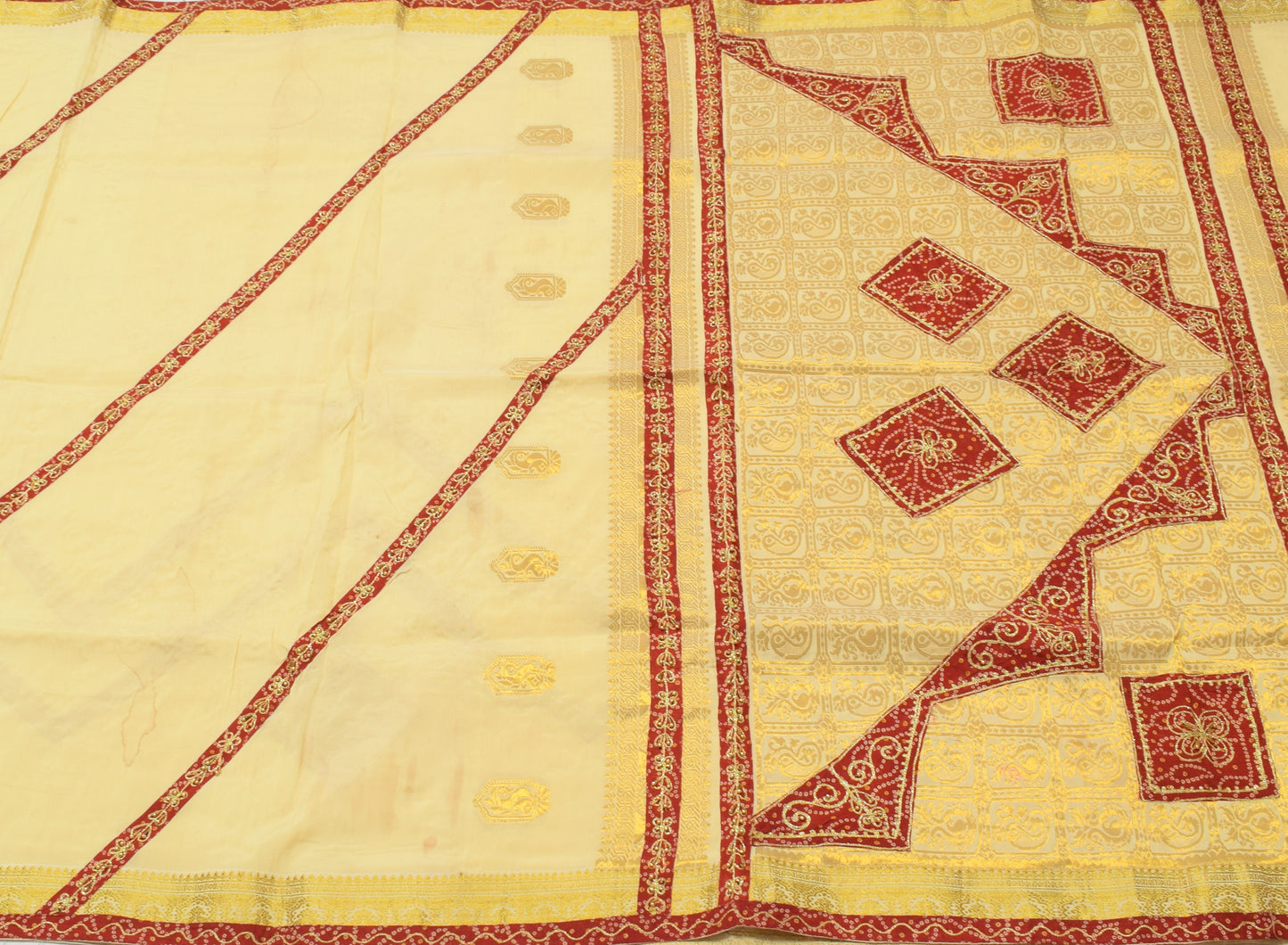 Sushila Vintage Indian Cream Saree Blend Silk Woven Sari Craft 5 Yard Fabric