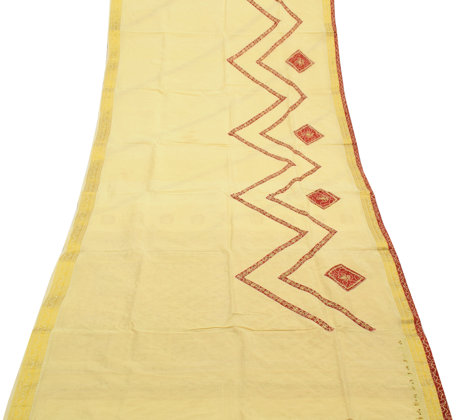 Sushila Vintage Indian Cream Saree Blend Silk Woven Sari Craft 5 Yard Fabric