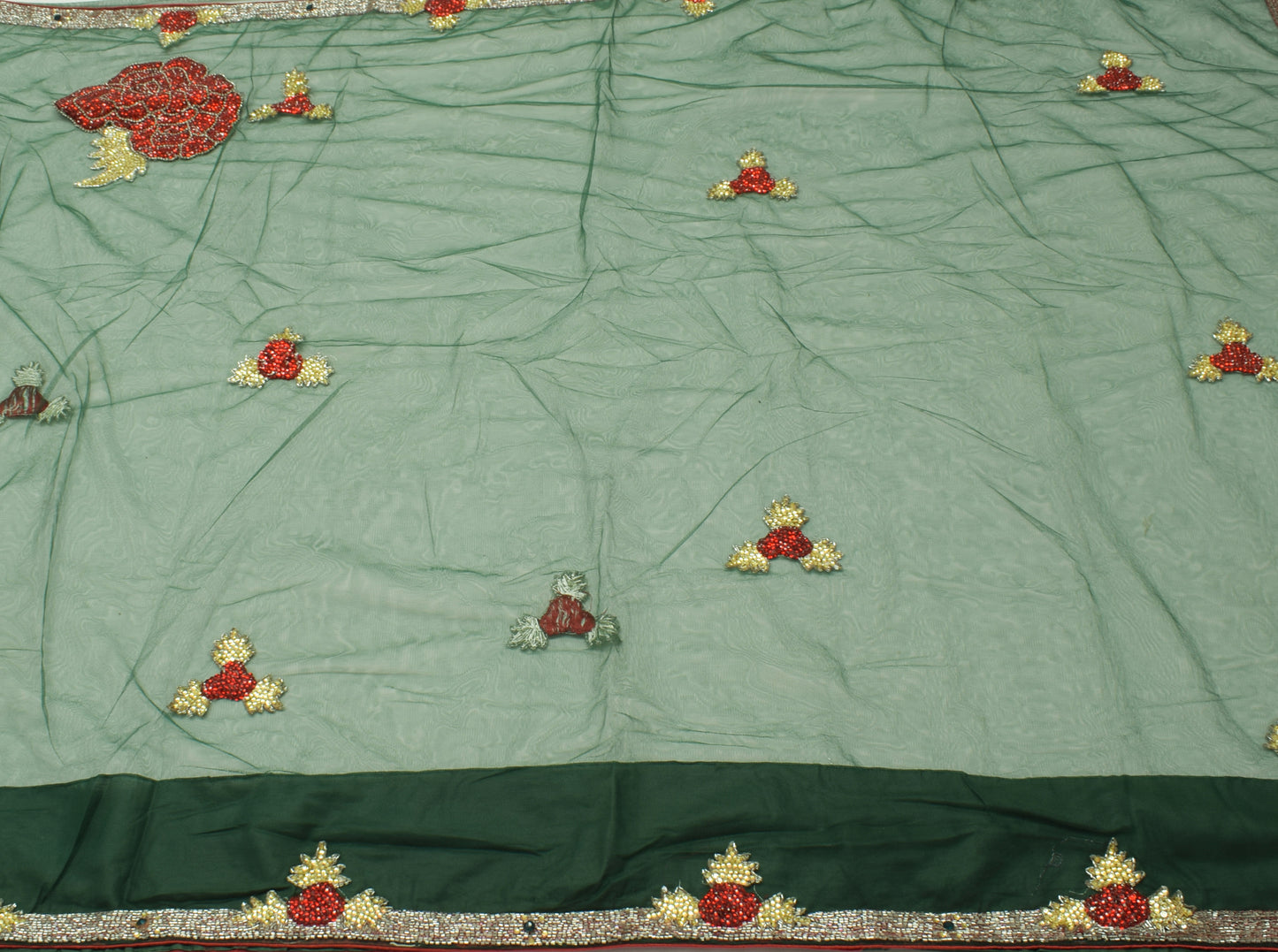 Sushila Vintage Indian Green Saree Net Mesh Beaded Floral Sari Craft 5 YD Fabric