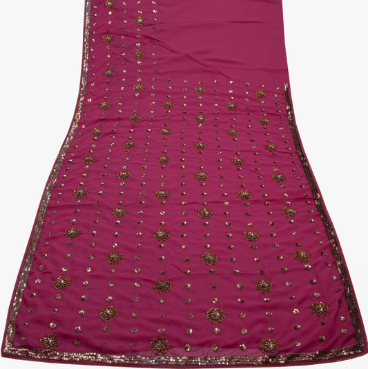 Sushila Vintage Dark Pink Saree Blend Georgette Silk Hand Beaded Sari Fabric