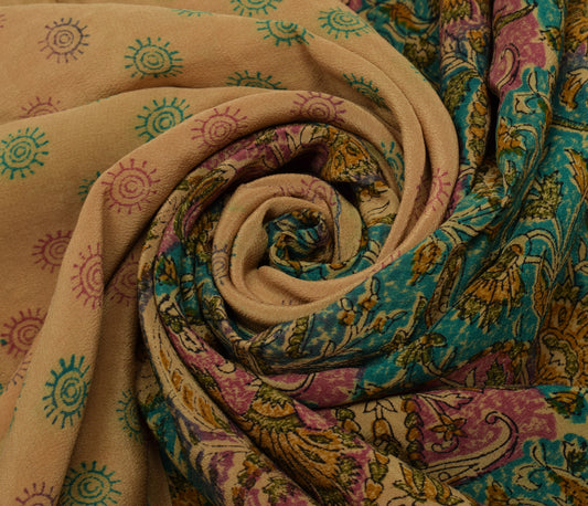 Sushila Vintage Multi-Color Saree Pure Crepe Hand Printed Paisley Sari Fabric