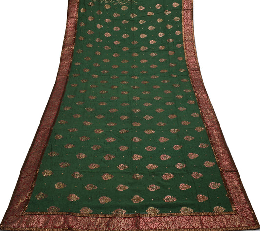 Sushila Vintage Indian Green Saree Pure Georgette Silk Floral Sari Craft Fabric