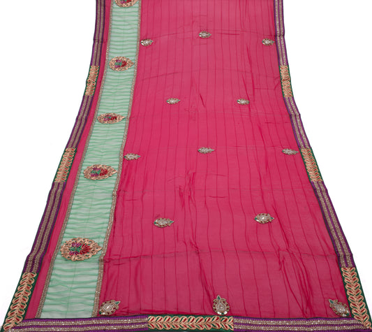 Sushila Vintage Pink Saree Pure Georgette Silk Applique Work Sari Craft Fabric