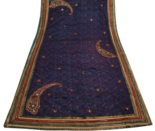 Sushila Vintage Purple Saree Pure Georgette Applique Work Paisley Sari Fabric