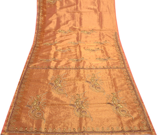 Sushila Vintage Orange Saree Blend Tissue Silk Hand Beaded Floral Sari Fabric