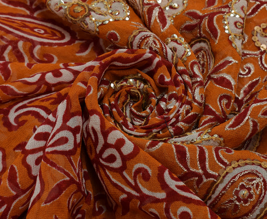 Sushila Vintage Rust Saree Pure Georgette Silk Hand Beaded & Printed Sari Fabric