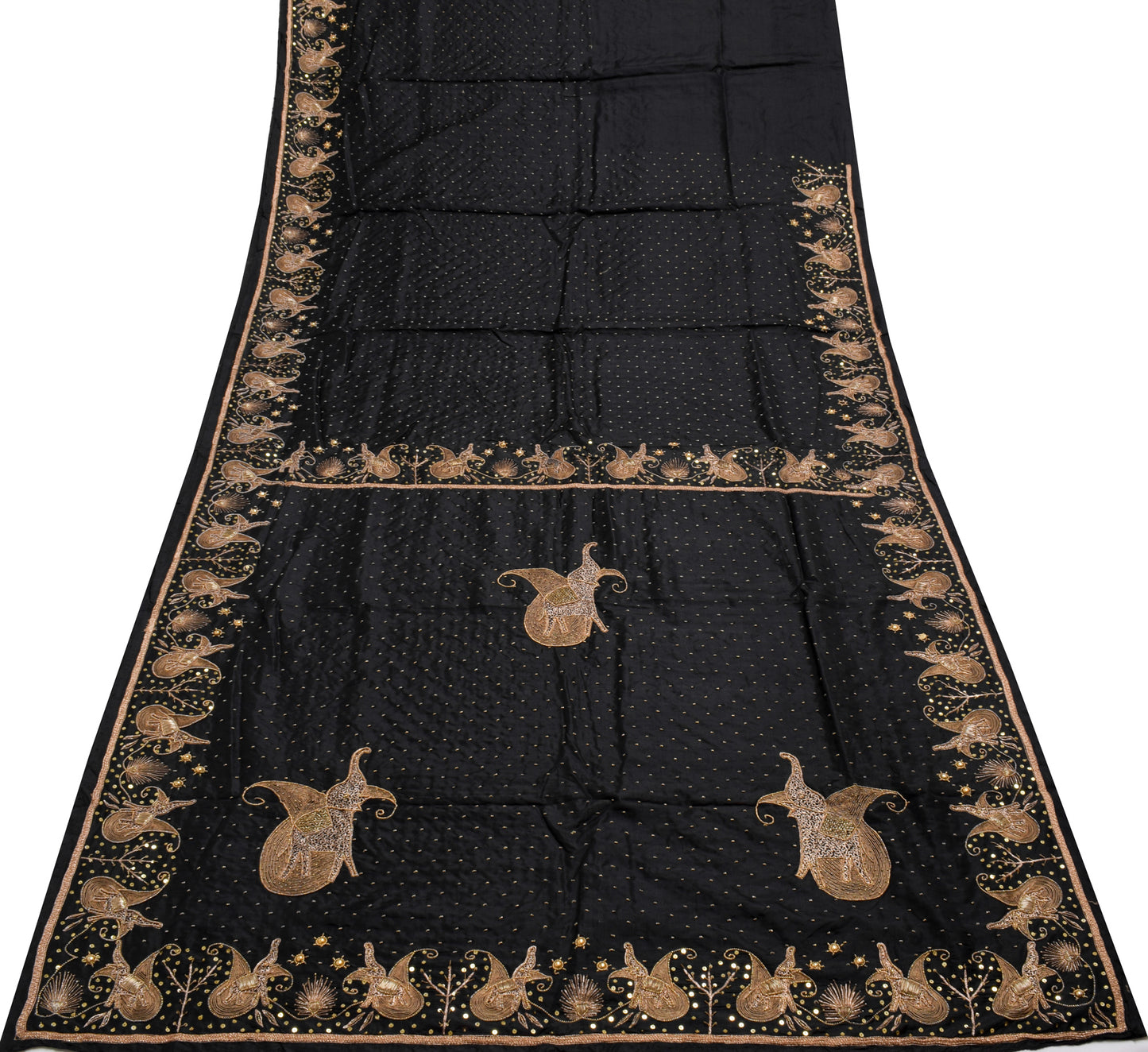 Sushila Vintage Black Saree 100% Pure Silk Hand Beaded Floral Sari Craft Fabric