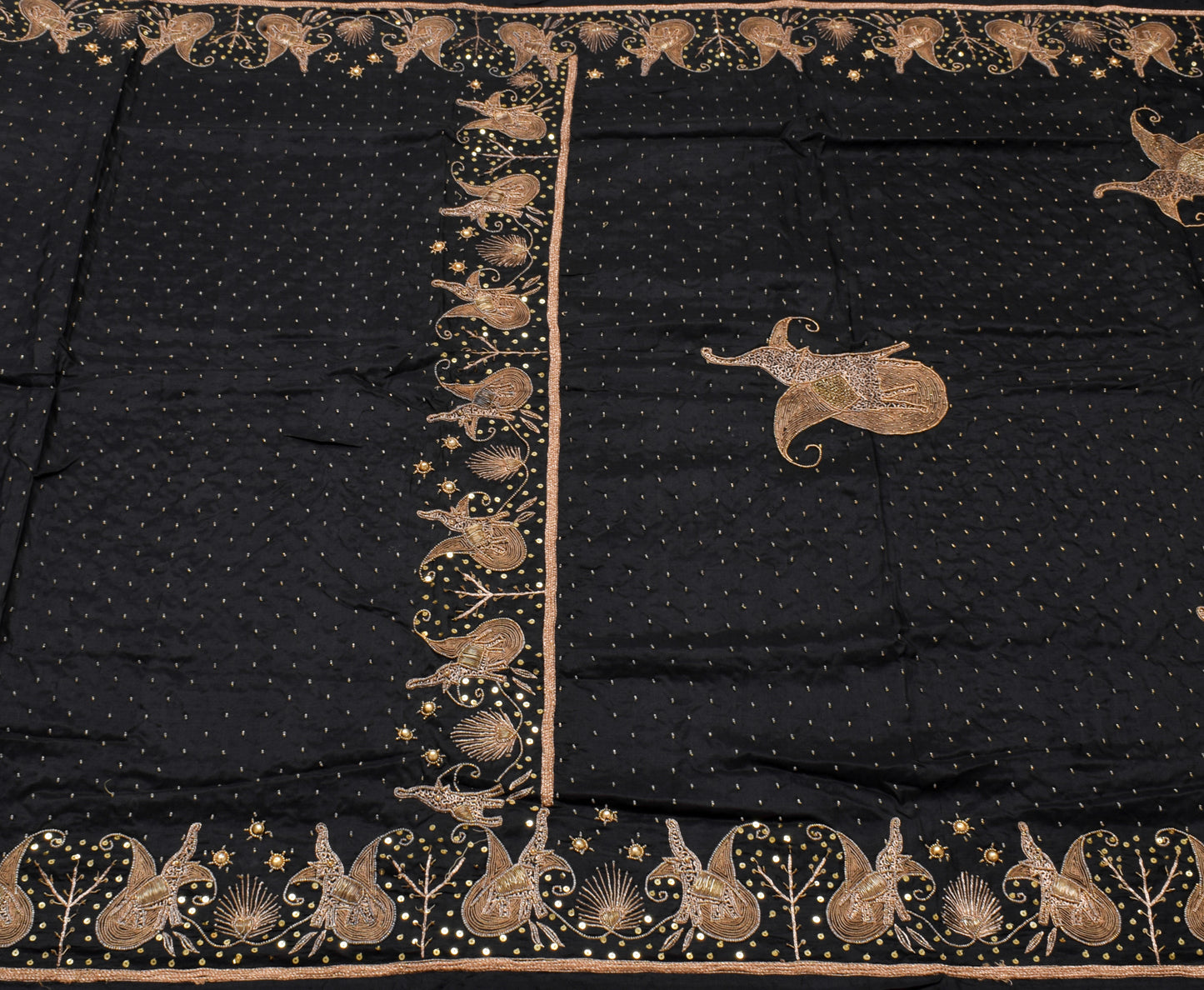 Sushila Vintage Black Saree 100% Pure Silk Hand Beaded Floral Sari Craft Fabric