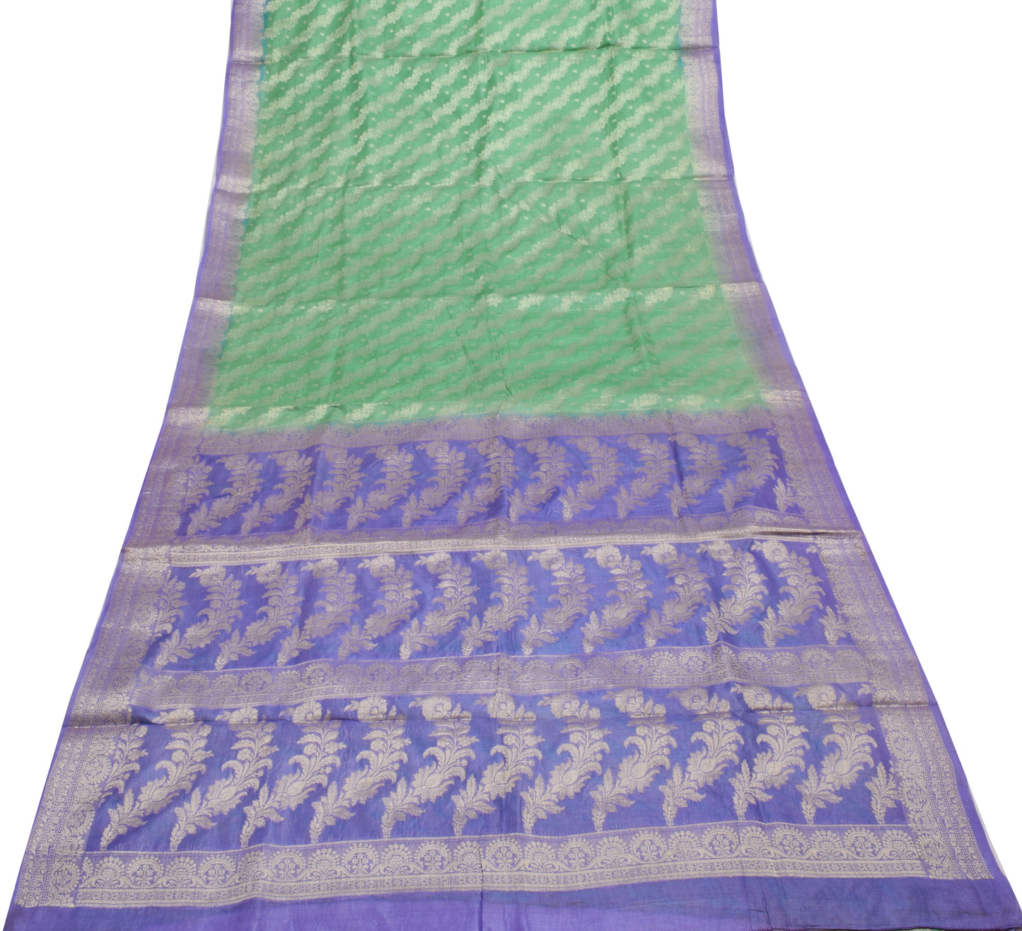 Sushila Vintage Aqua Green Saree Pure Silk Woven Floral Sari Craft 5 YD Fabric