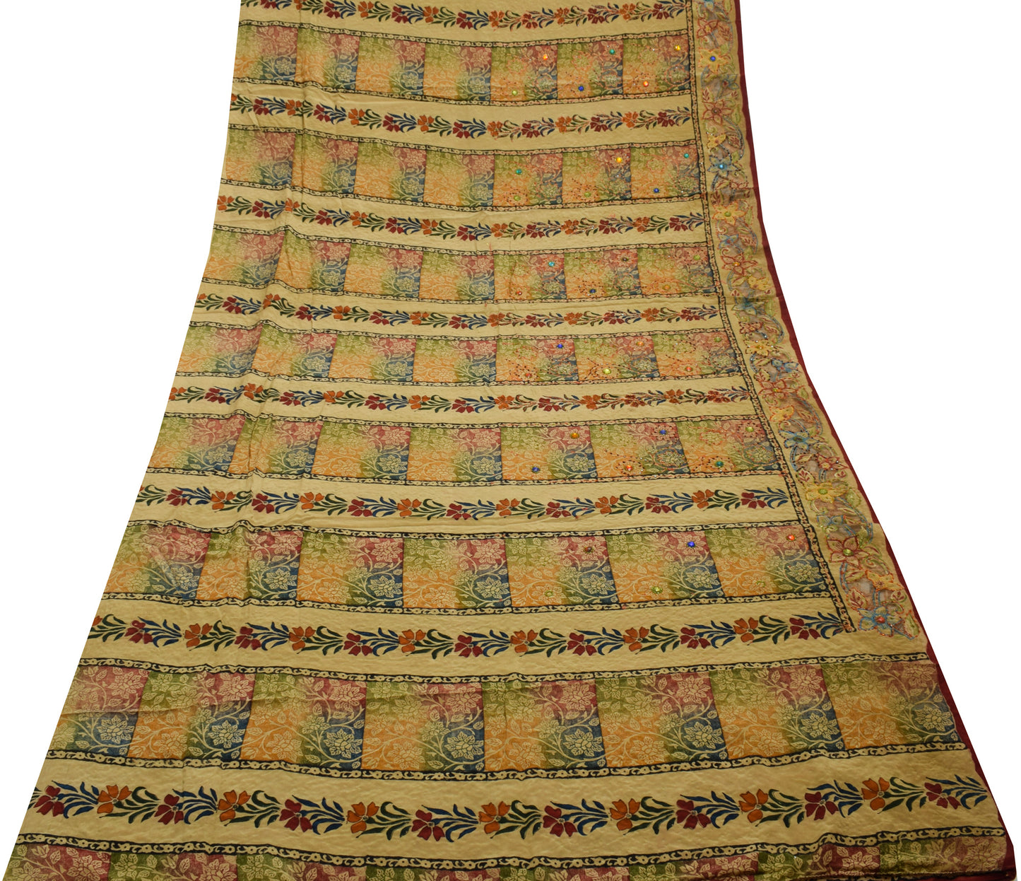 Sushila Vintage Light Brown Saree Pure Crepe Hand Beaded & Printed Sari Fabric