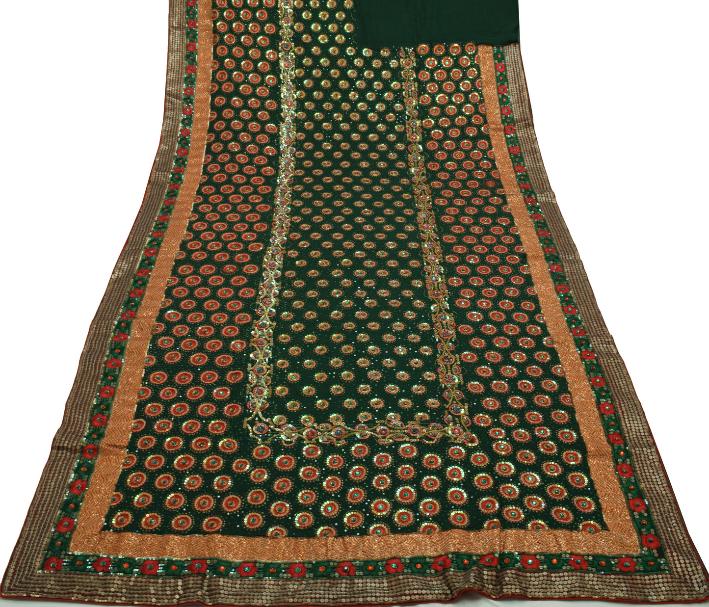 Sushila Vintage Green HEAVY Saree Pure Georgette Silk Embroidered Sari Fabric