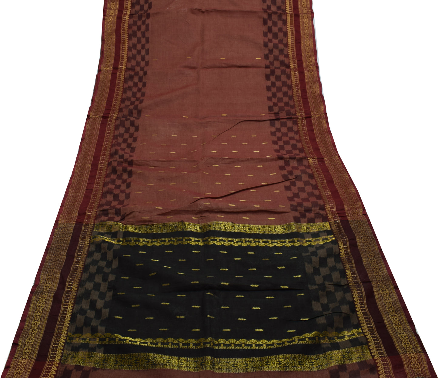 Sushila Vintage Brown Saree Pure Cotton Woven Floral Sari Craft 5 YD Fabric