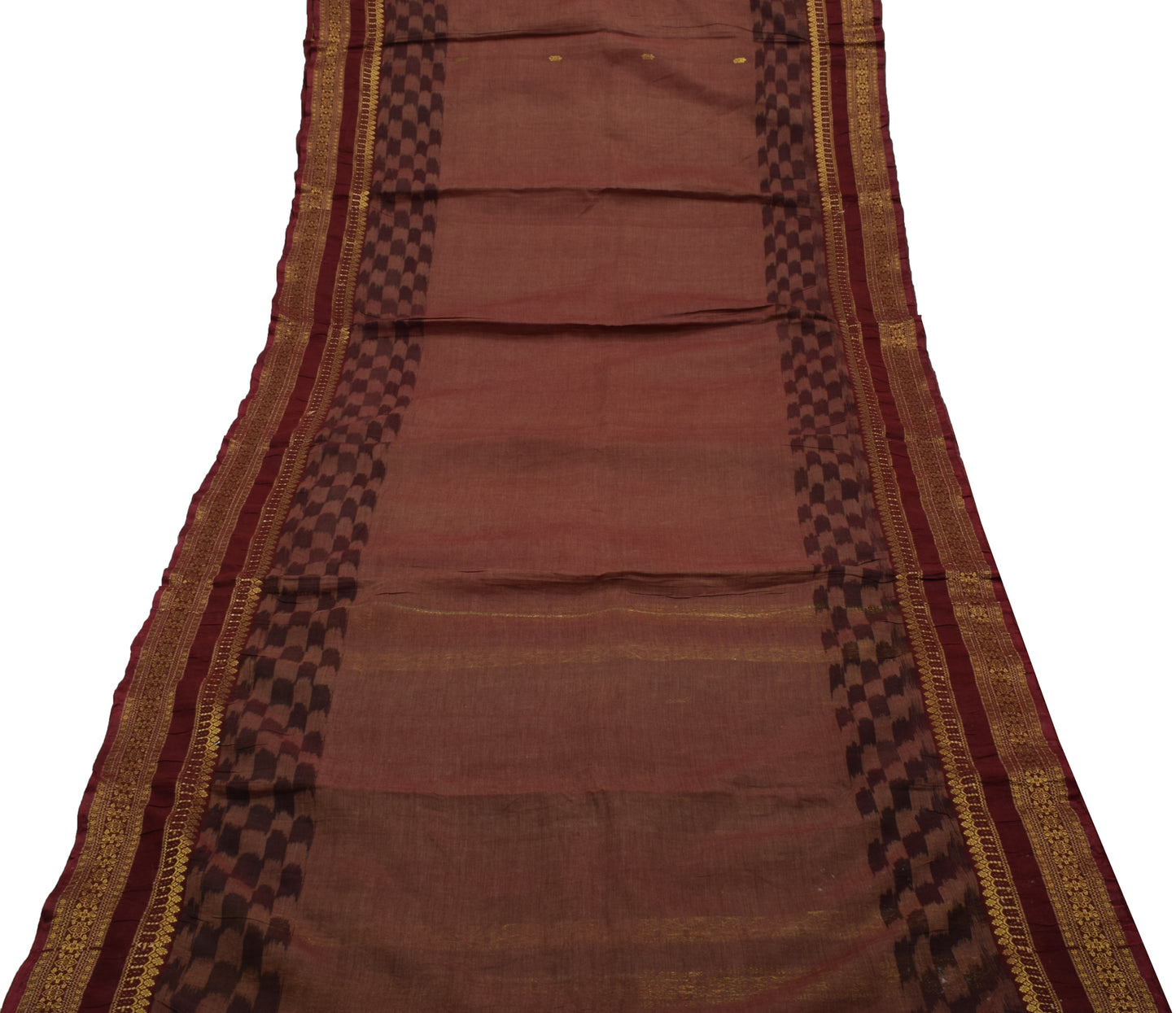 Sushila Vintage Brown Saree Pure Cotton Woven Floral Sari Craft 5 YD Fabric