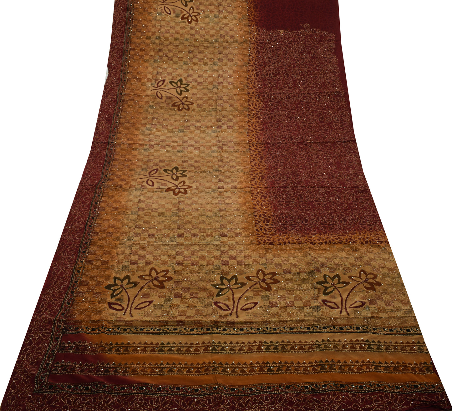 Sushila Vintage Brown Saree Pure Crepe Silk Hand Embroidered Kantha Sari Fabric