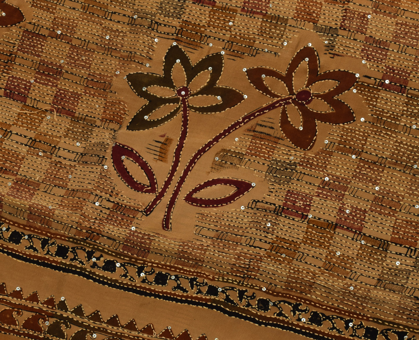 Sushila Vintage Brown Saree Pure Crepe Silk Hand Embroidered Kantha Sari Fabric