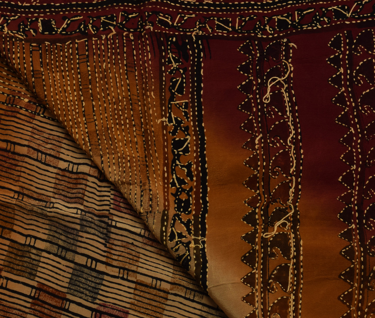 Sushila Vintage Brown Saree Pure Crepe Silk Hand Embroidered Kantha Sari Fabric