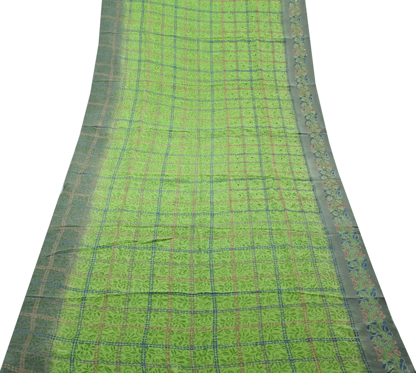 Sushila Vintage Green Saree Pure Crepe Silk Printed Floral Sari Craft Fabric