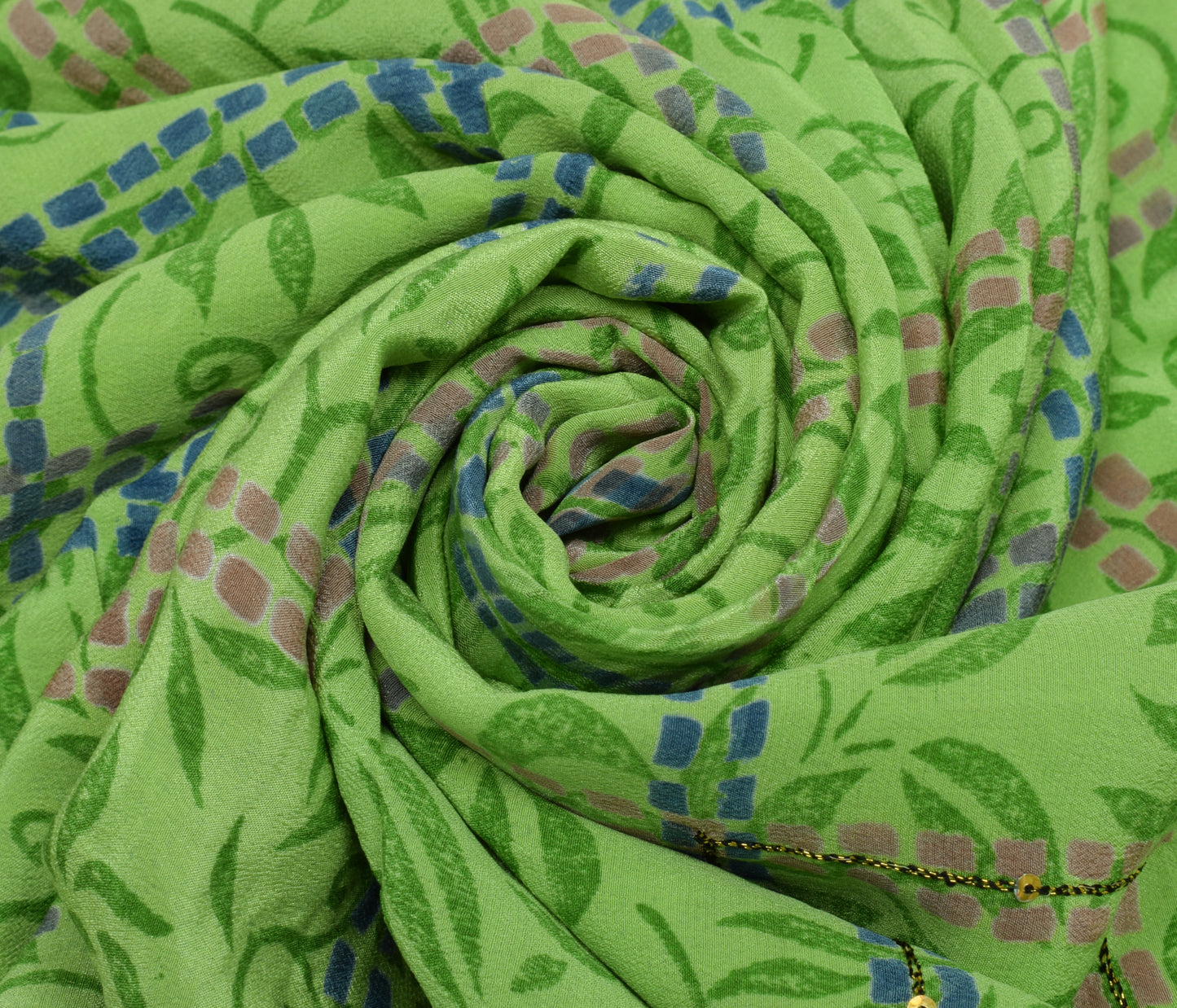 Sushila Vintage Green Saree Pure Crepe Silk Printed Floral Sari Craft Fabric