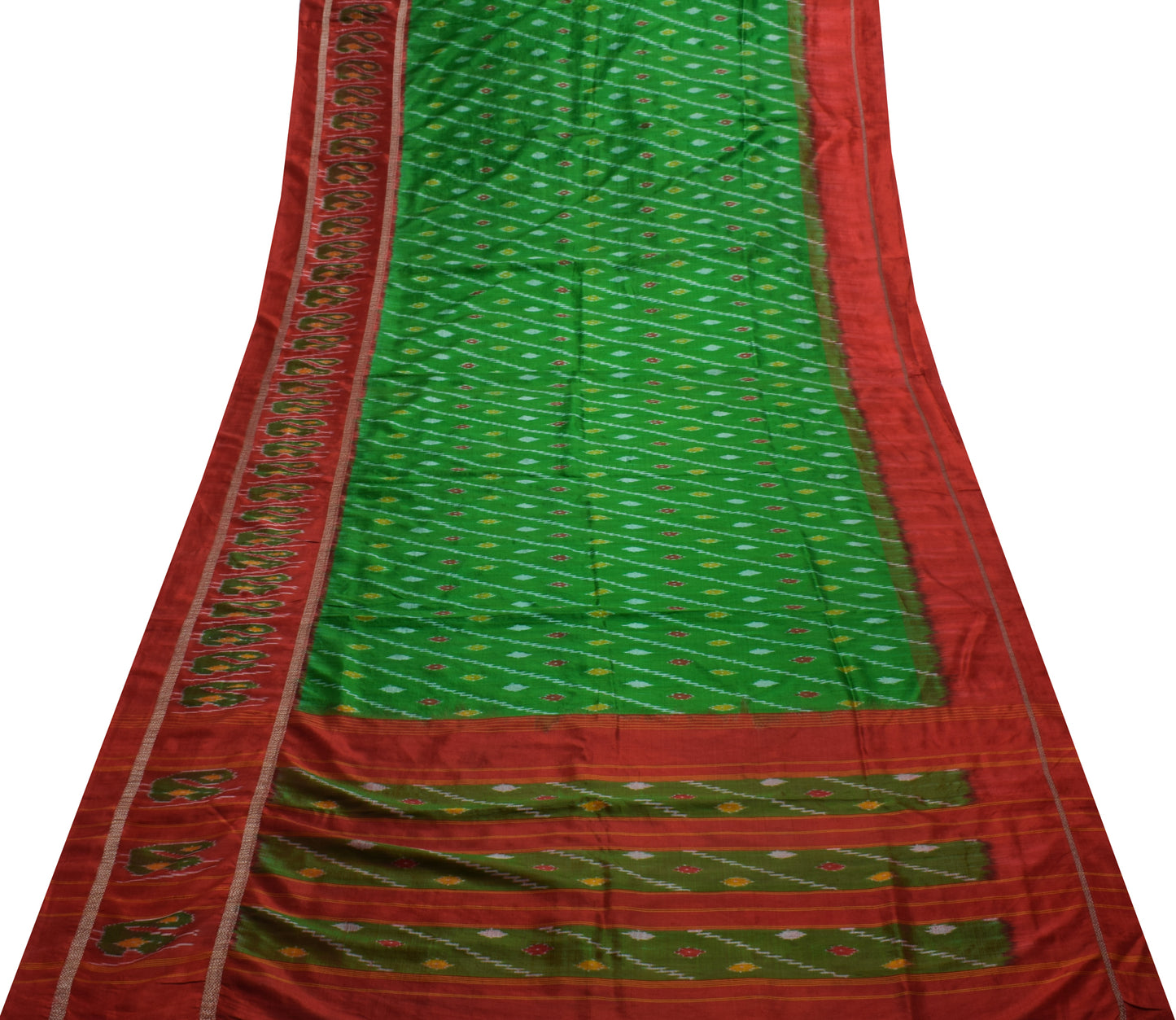 Sushila Vintage Green Saree Pure Silk Hand Woven Ikat Patola Sari Craft Fabric