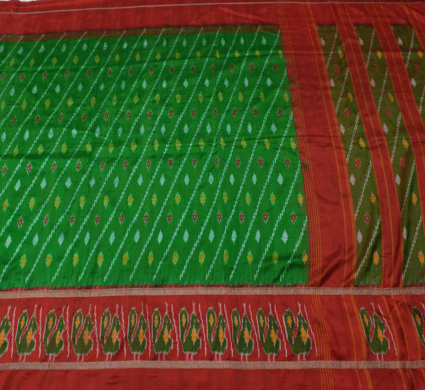 Sushila Vintage Green Saree Pure Silk Hand Woven Ikat Patola Sari Craft Fabric