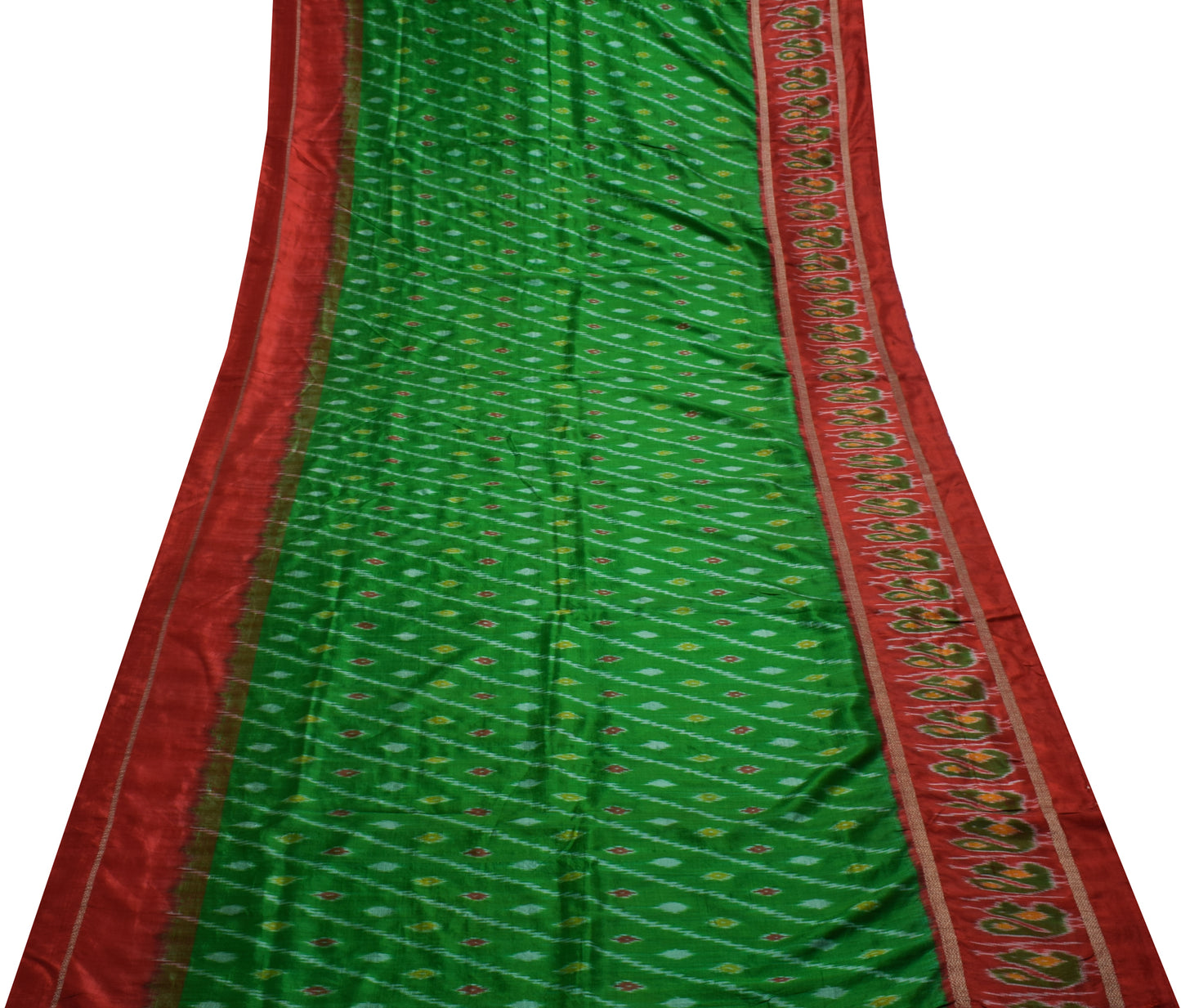 Sushila Vintage Green Saree Pure Silk Hand Woven Ikat Patola Sari Craft Fabric