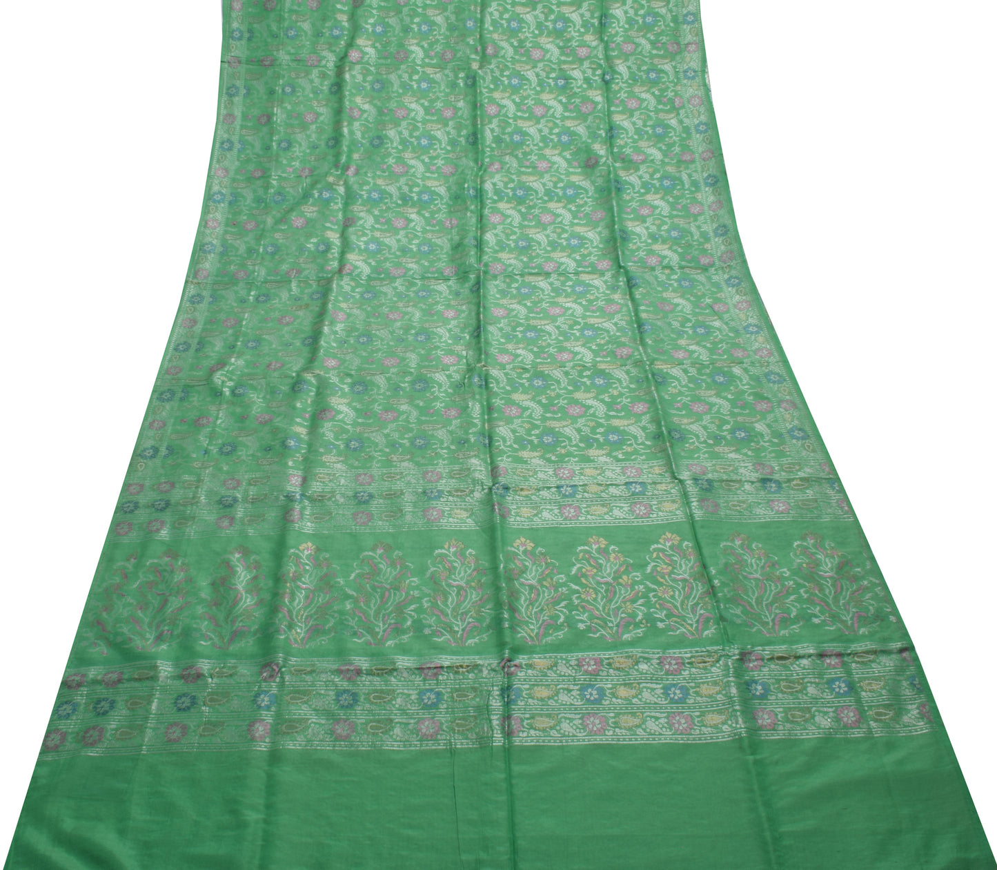 Sushila Vintage Aqua Green Saree 100% Pure Silk Woven Floral Sari Craft Fabric